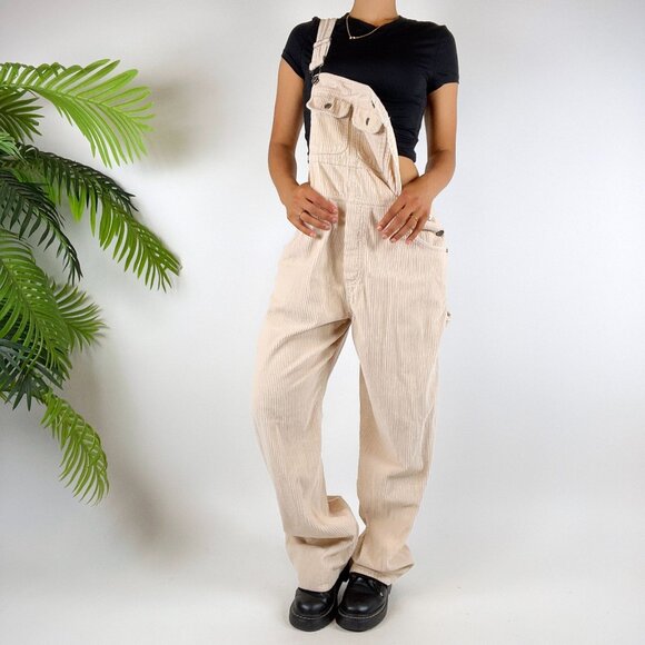 Vintage 90s Cream Indie Cottagecore Granola Girl Corduroy Cargo Overalls / Sz: M - Picture 1 of 8
